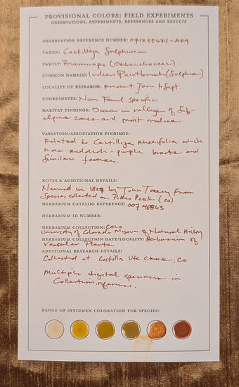 Letterpress color plant specimen card with fieldnotes.