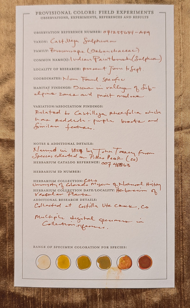 Letterpress color plant specimen card with fieldnotes.