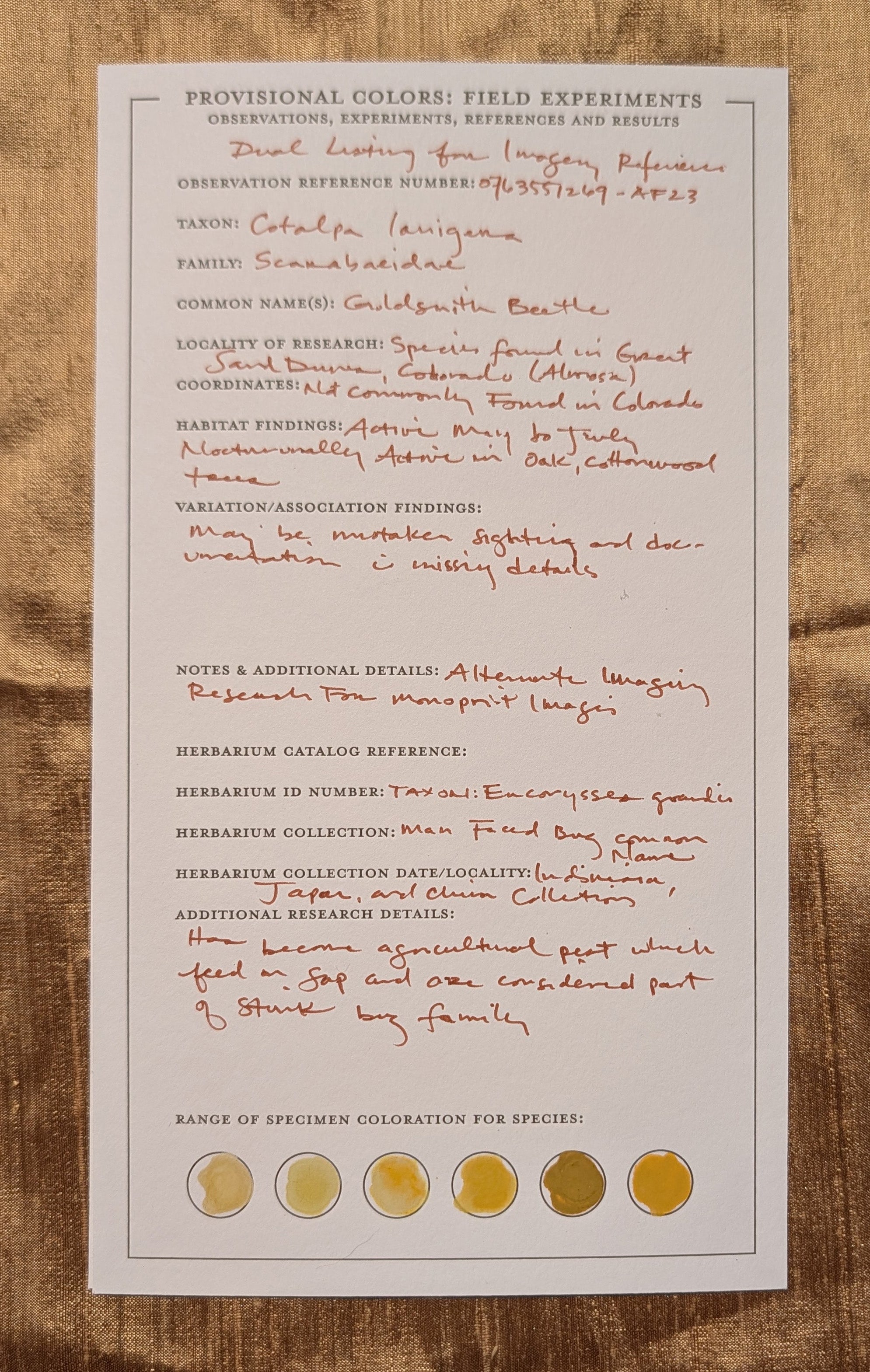Letterpress color plant specimen card with fieldnotes.
